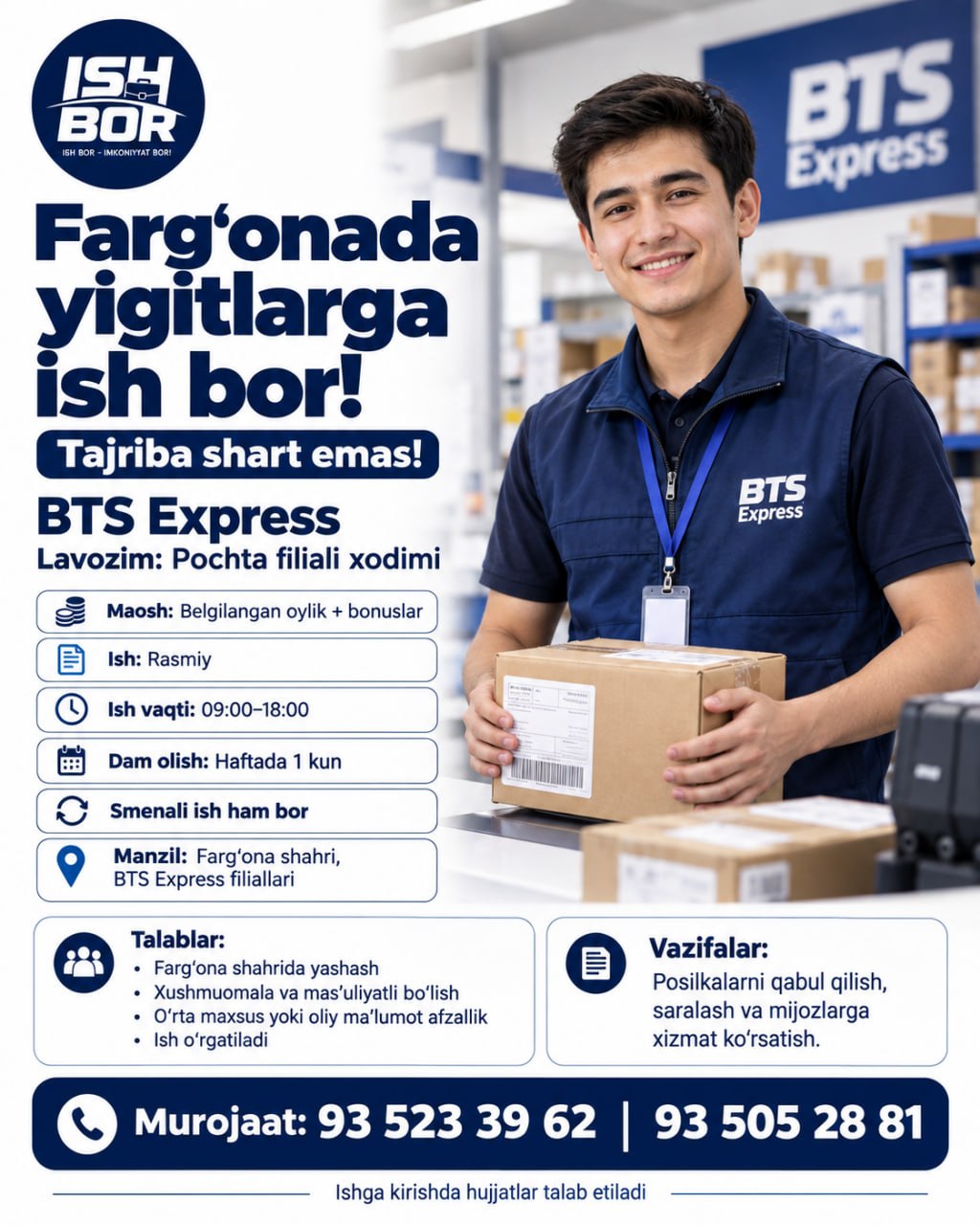 Farg‘onada yigitlar uchun ish bor Tajriba shart emas