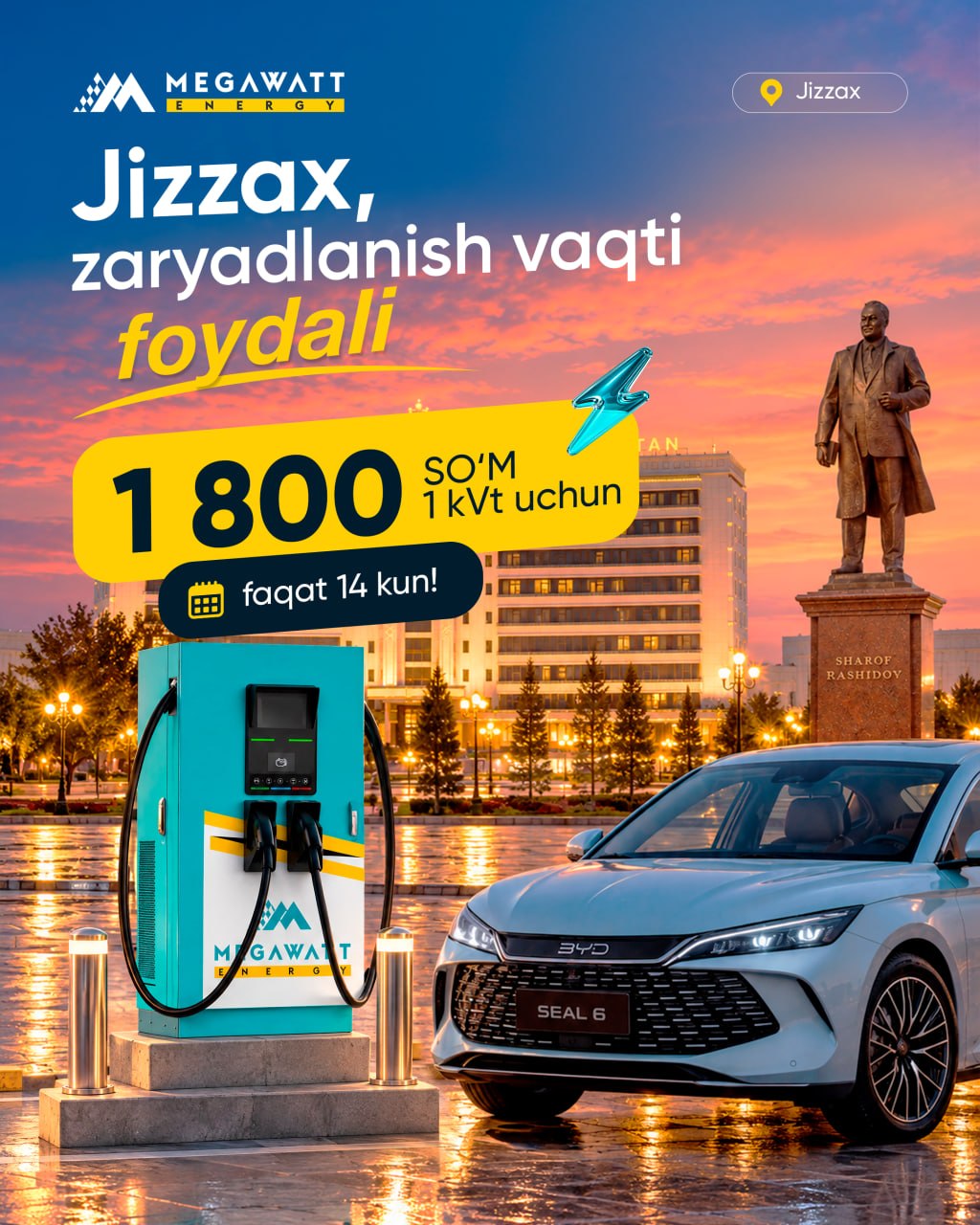 Elektromobillar uchun foydali zaryadka endi Jizzax