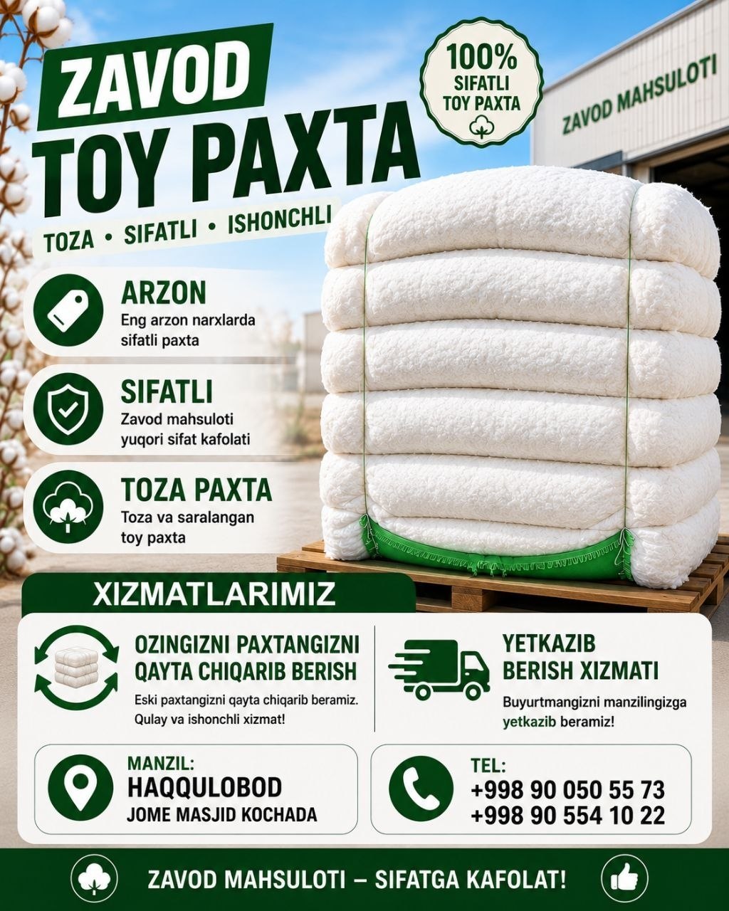 Paxtani qayta chiqarib berish hamda dostavka xizmati