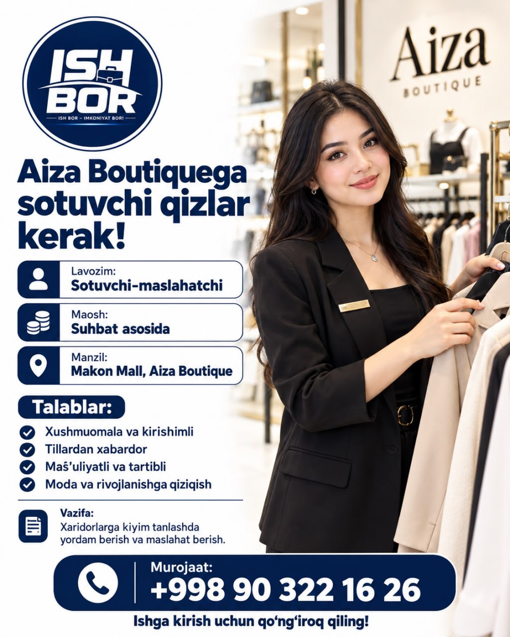 Qizlar uchun ish bor «Aiza Boutique» do‘koniga