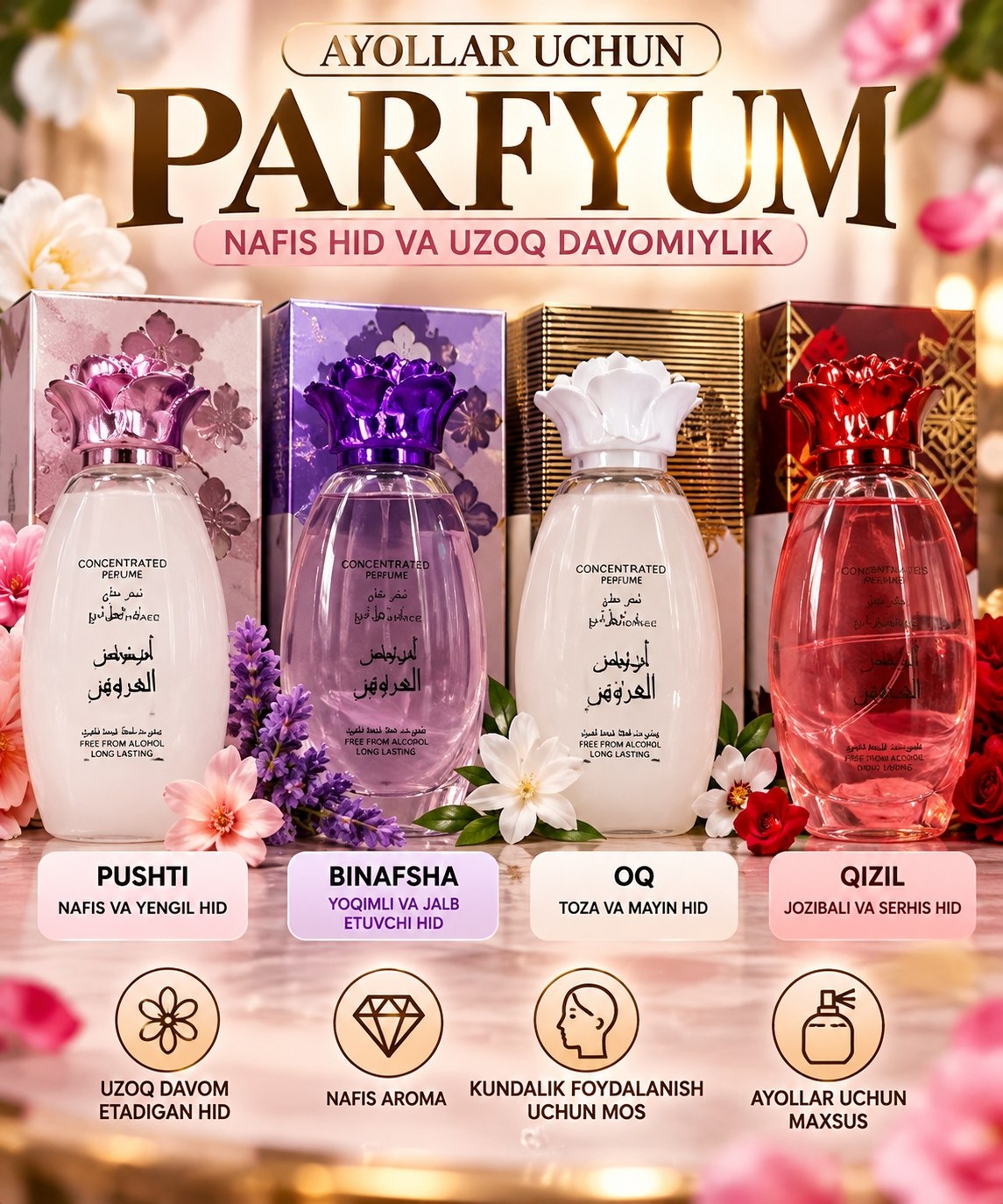 Ayollar uchun nafis parfyum — 4 xil rang va hid
