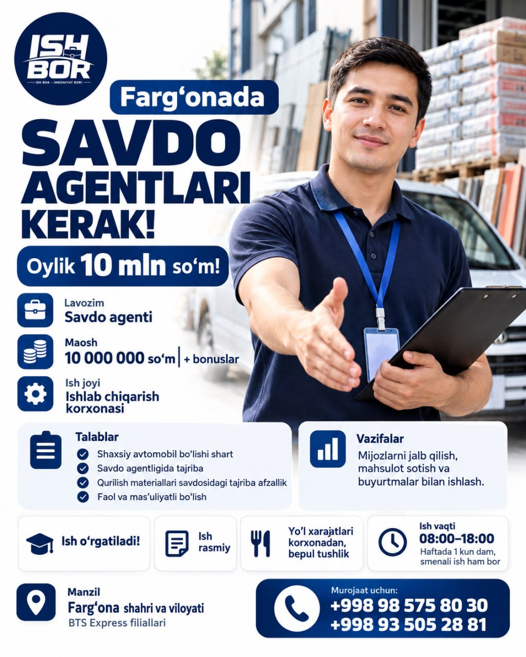 Farg‘onada savdo agentlari kerak Oylik so‘m yo‘l