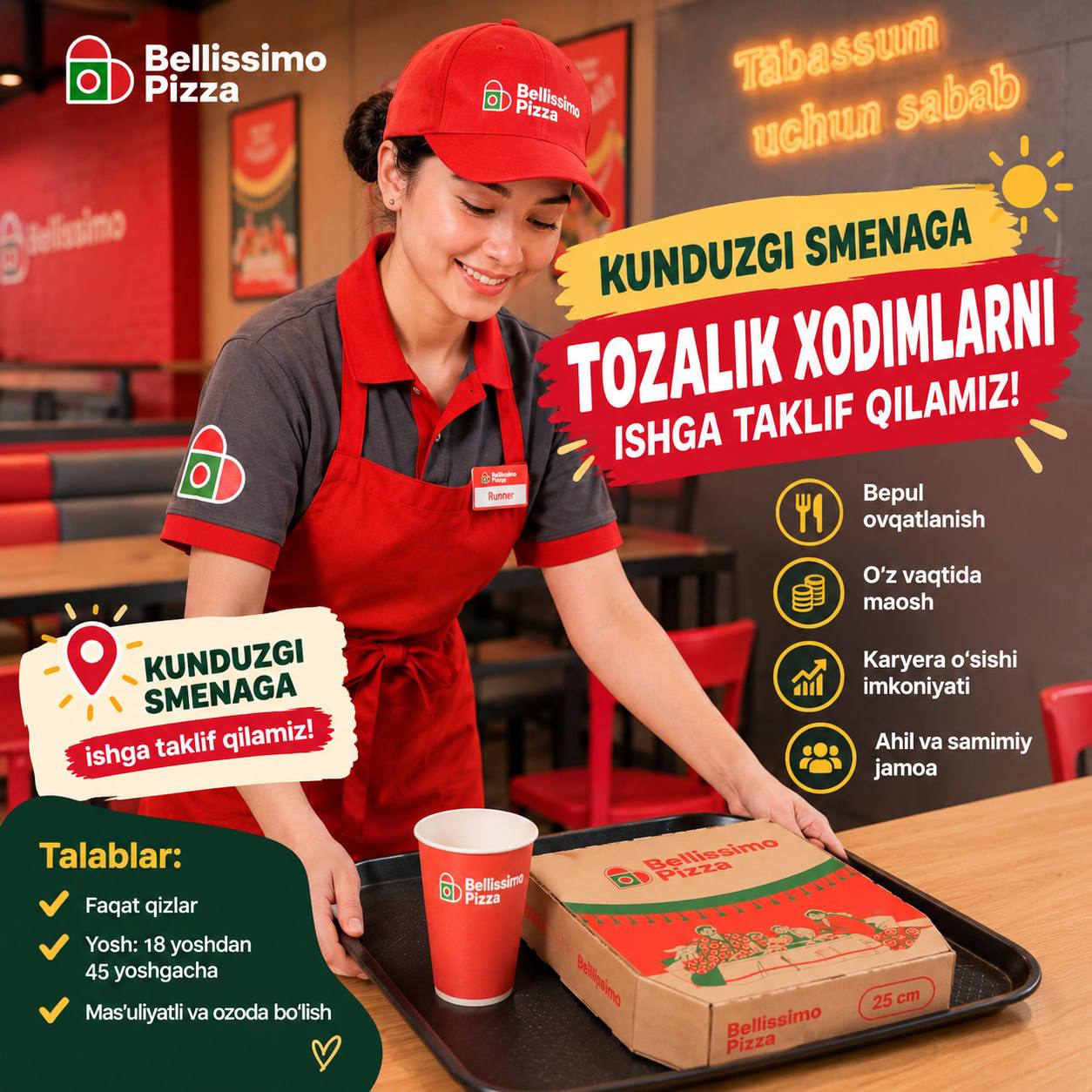 Bellissimo Pizza jamoasiga ishga taklif qilamiz