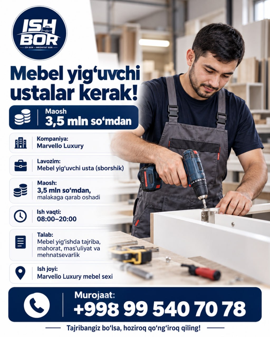 Mebel sexiga tajribali ustalar kerak Maosh so‘mdan