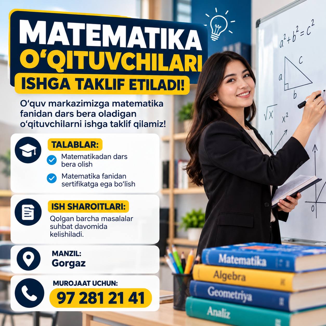 MATEMATIKA O‘QITUVCHILARI ISHGA TAKLIF ETILADI