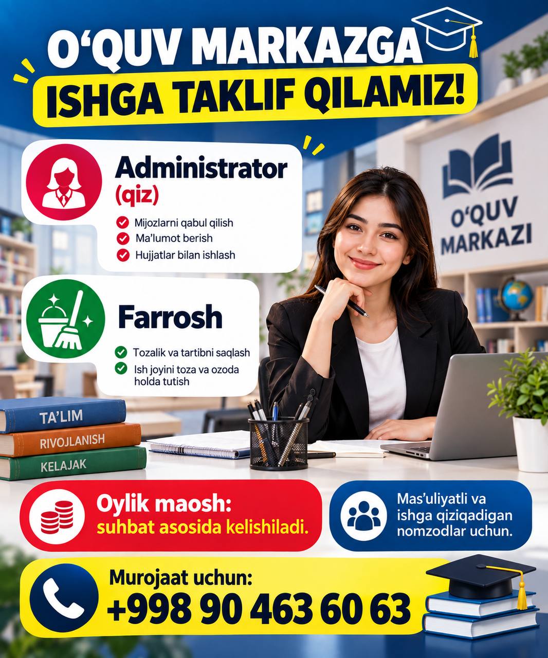 O‘quv markazga ishga taklif qilamiz