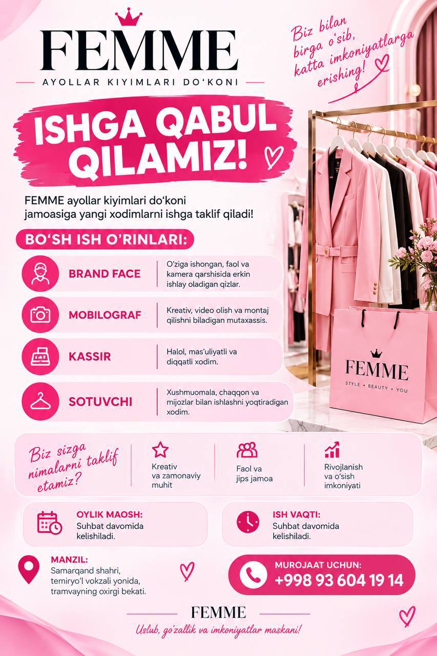 FEMME — ayollar kiyimlari do‘koni yangi xodimlarni