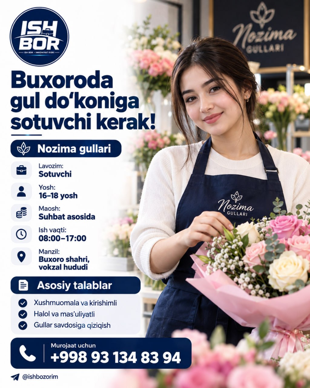 Buxoroda yoshlar uchun ish bor Gul do‘koniga sotuvchi
