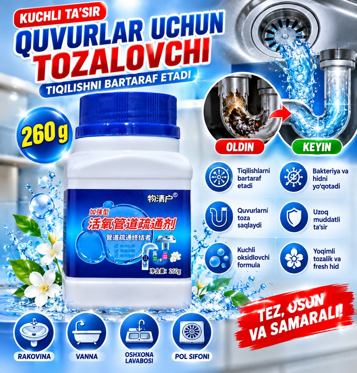 Rakovina vanna oshxona lavabosi va pol sifonlarida