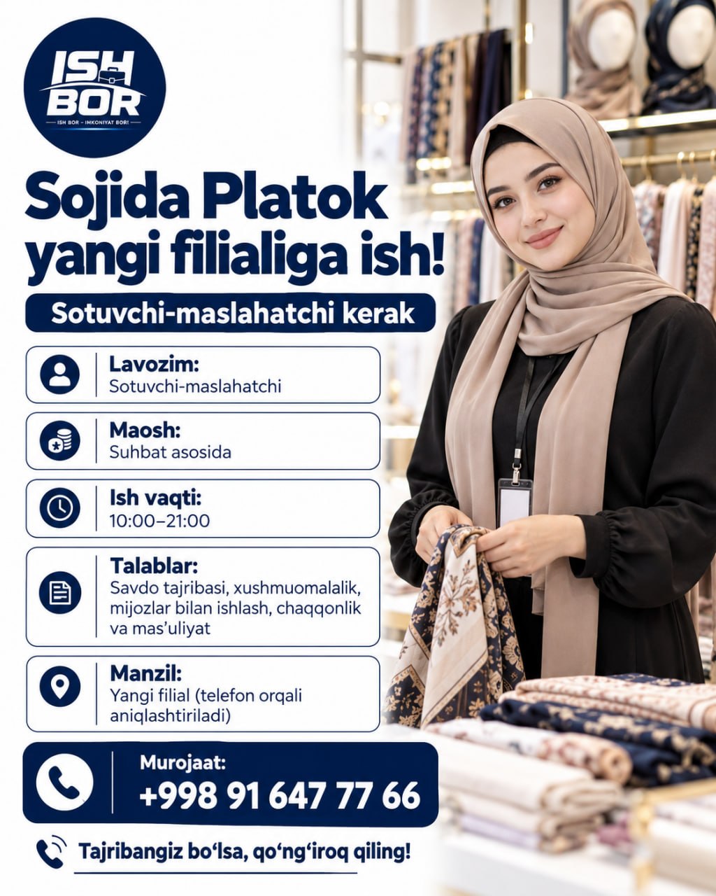 Yangi filialga sotuvchi qiz kerak Savdo sohasida