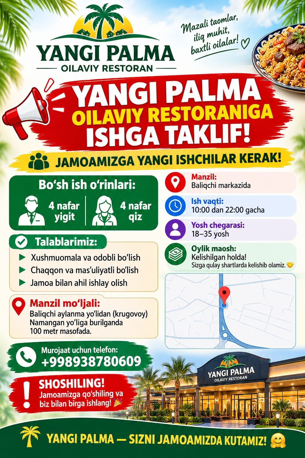 YANGI PALMA OILAVIY RESTORANIGA ISHGA TAKLIF