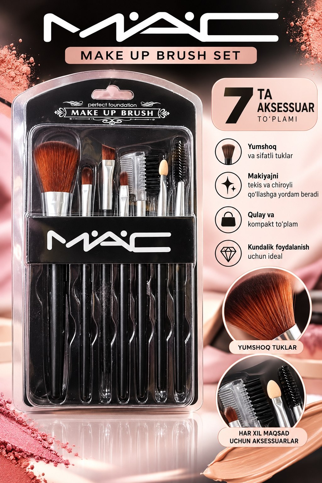 MAC makiyaj cho'tkalari to'plami — 7 ta aksessuar