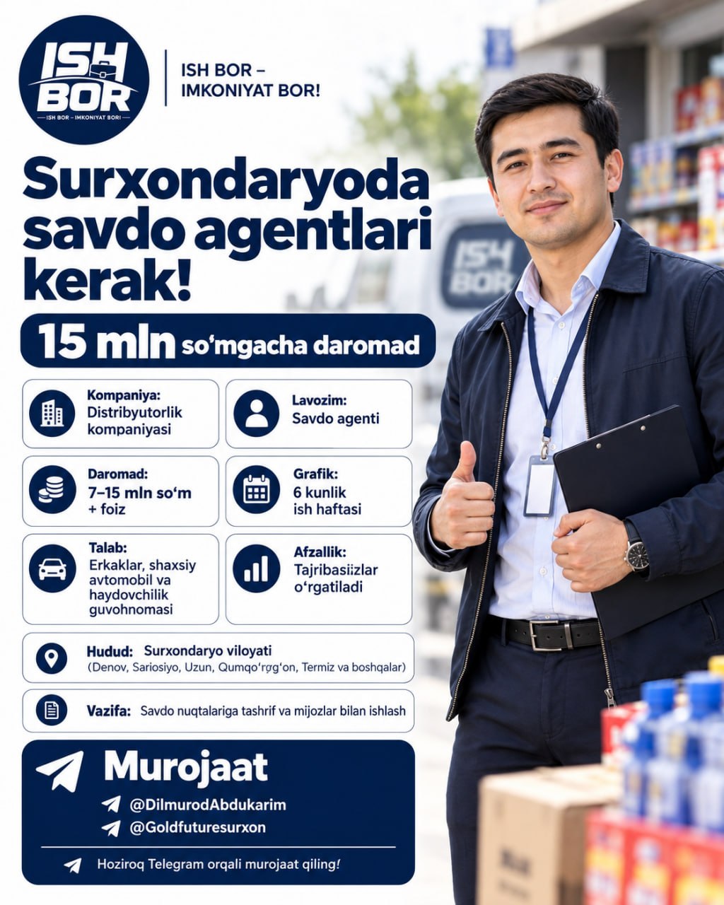 Surxondaryoda savdo agentlari kerak so‘mgacha daromad