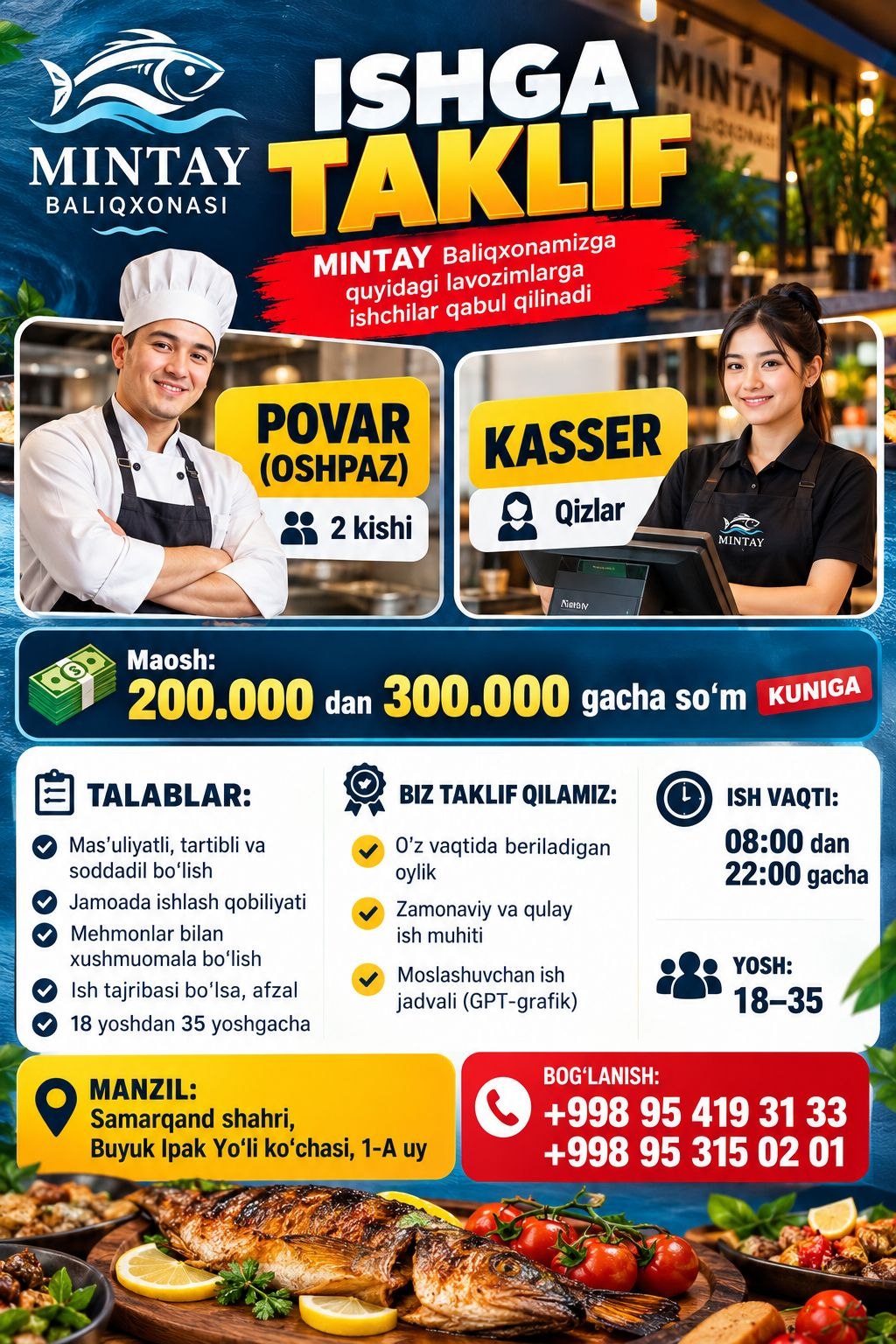 MINTAY Baliqxonamizga quyidagi lavozimlarga ishchilar