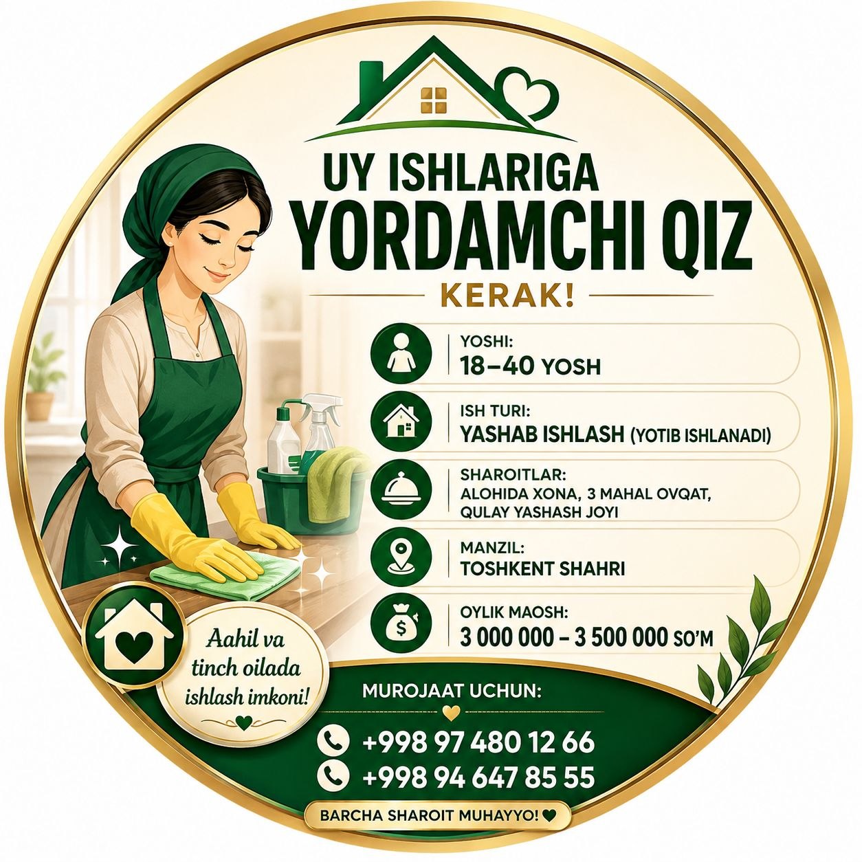 UY ISHLARIGA YORDAMCHI QIZ KERAK