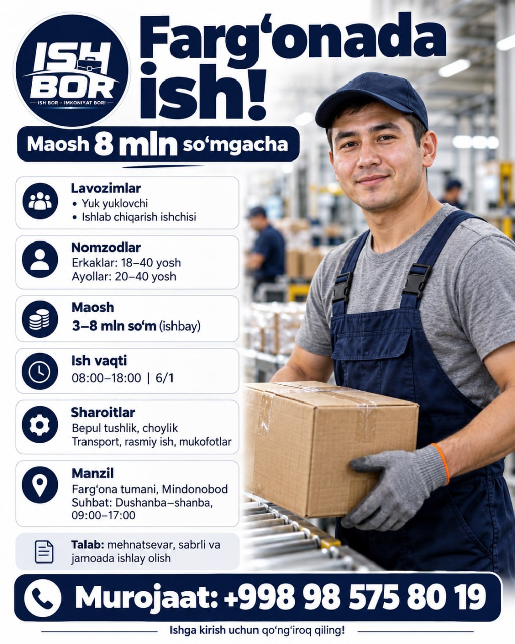 FARG‘ONADA ISH BOR SO‘MGACHA MAOSH YUK YUKLOVCHILAR
