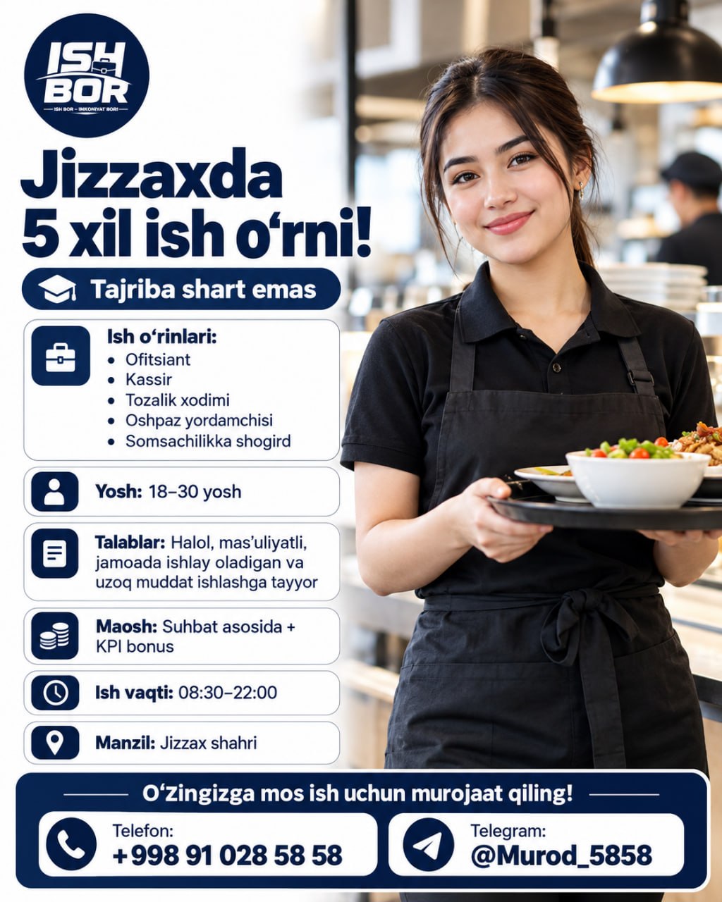Jizzaxda 5 xil ish o‘rni bor Tajribangiz yo‘qmi Ish