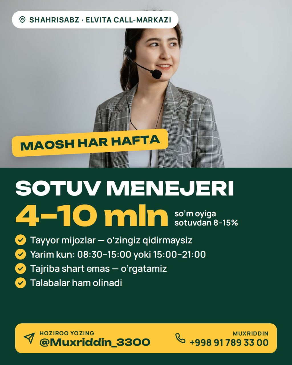 Reklamani ko'rib o'zi ariza qoldirgan mijozga