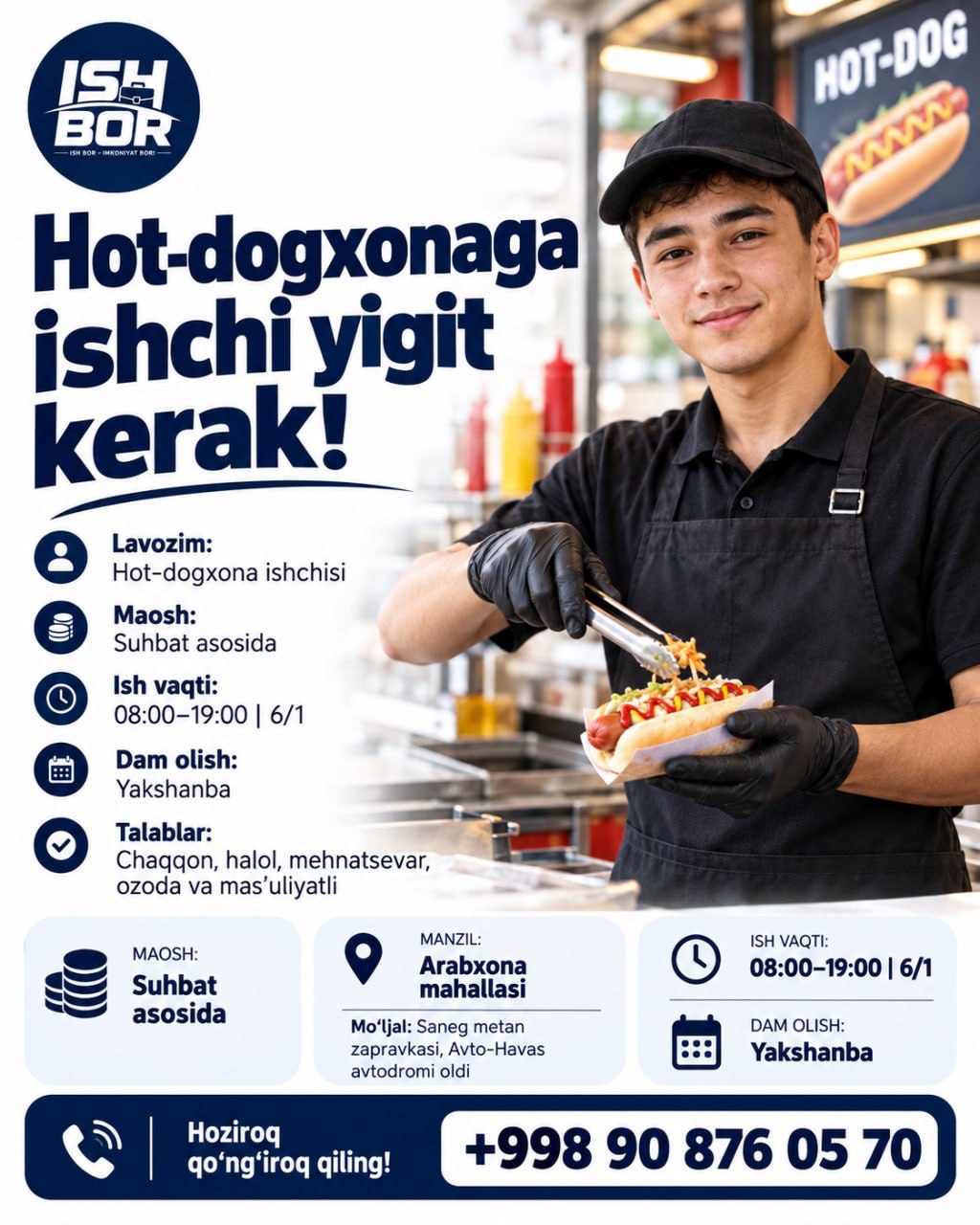Hot-dogxonaga ishchi yigit kerak Tajribali va