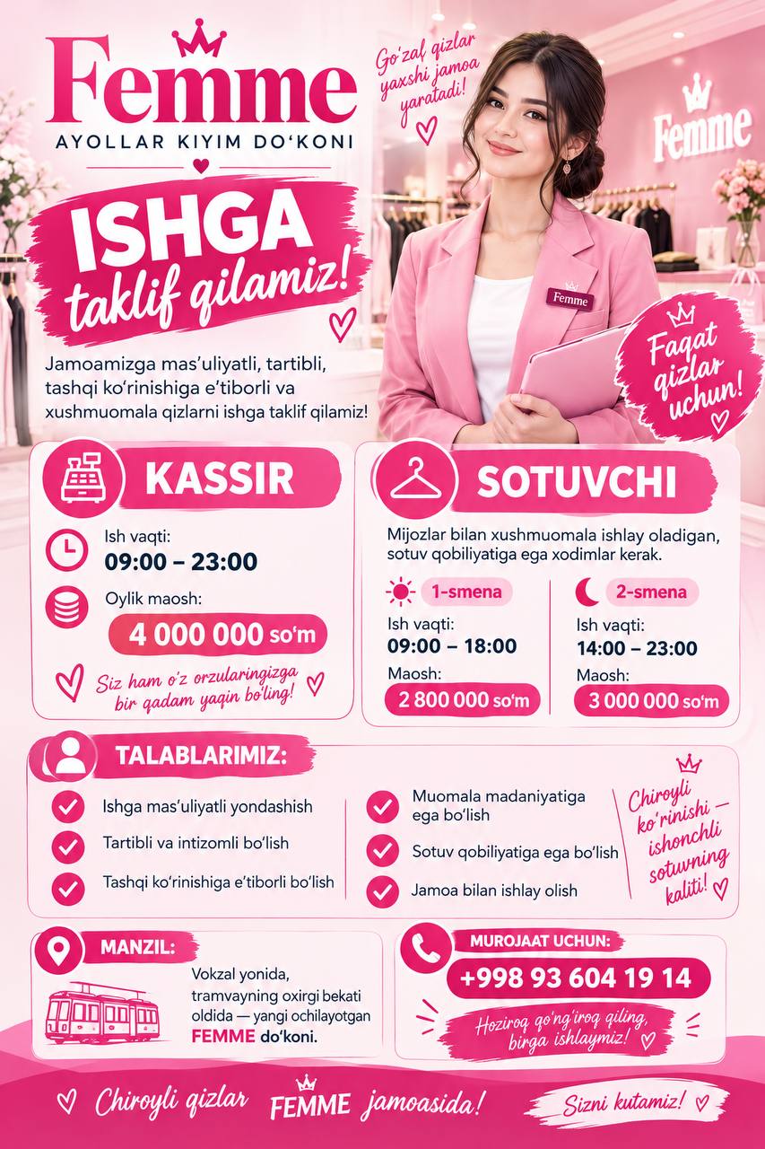 FEMME ayollar kiyim dokoni kassir va sotuvchi ish