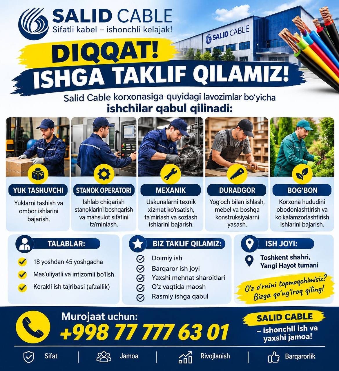 SALID CABLE KORXONASIGA ISHGA TAKLIF QILAMIZ