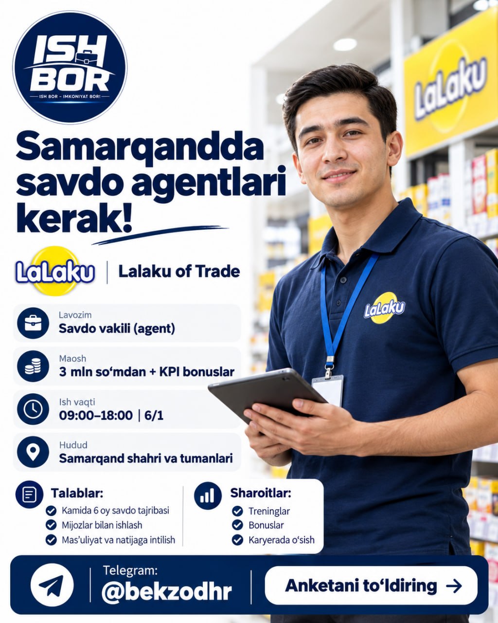 Samarqandda savdo agentlari kerak Maosh so‘mdan + KPI