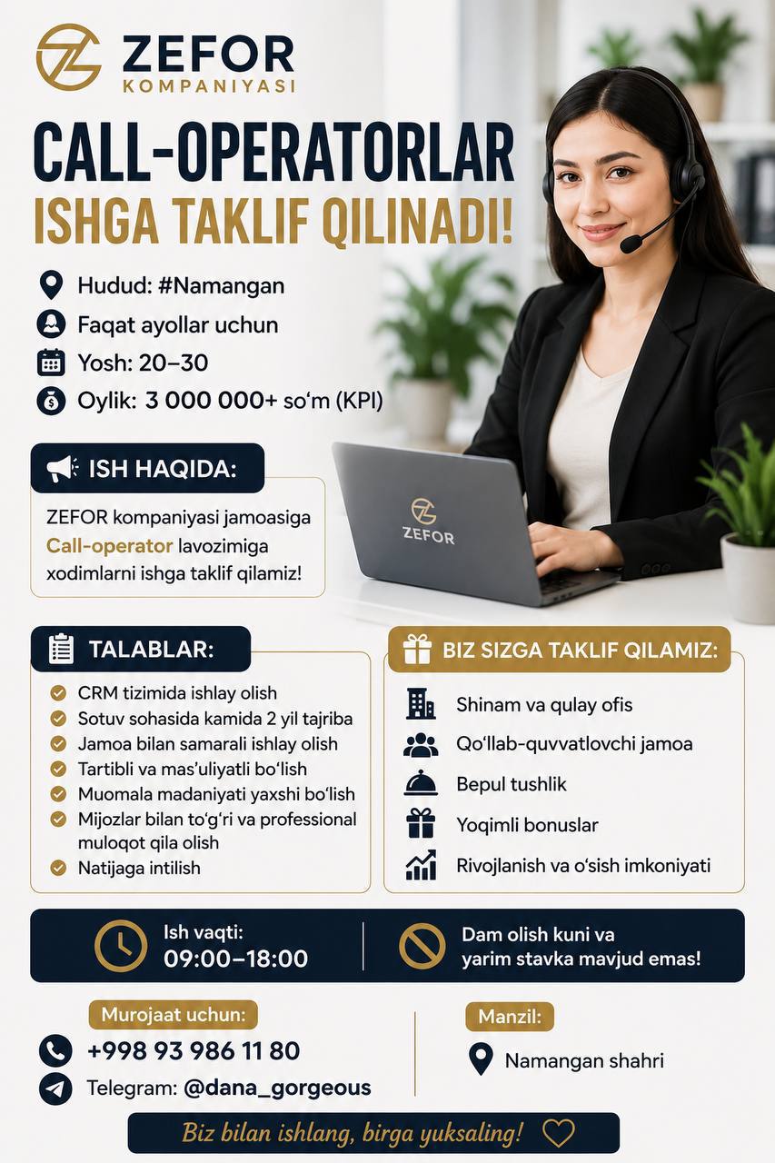CALL-OPERATORLAR ISHGA TAKLIF QILINADI