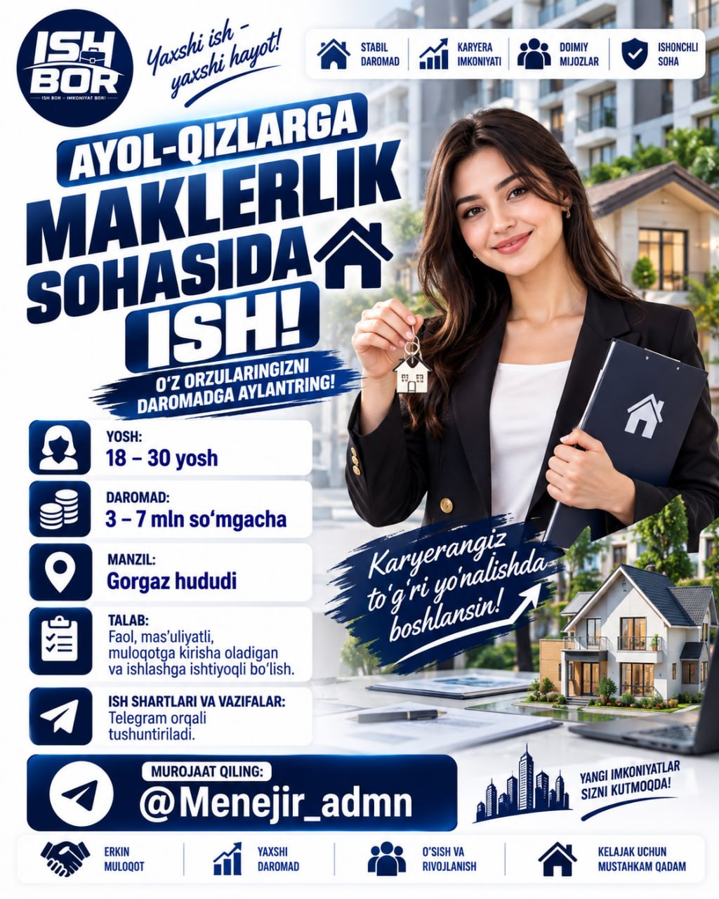 AYOL-QIZLAR UCHUN DAROMADLI ISH OYLIK SO‘MGACHA