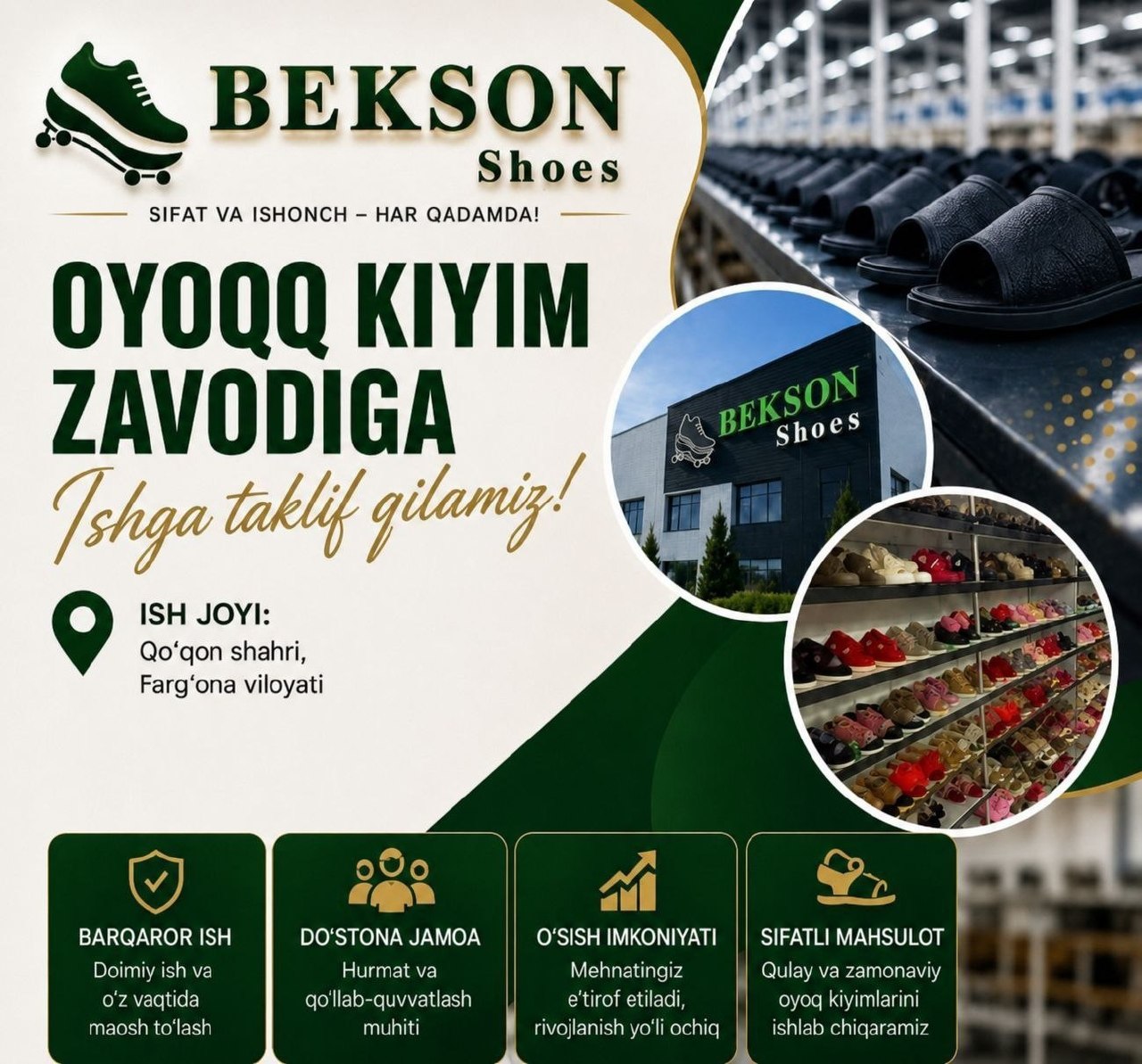 BEKSON SHOES ЖАМОАСИГА ИШГА ТАКЛИФ ҚИЛАМИЗ