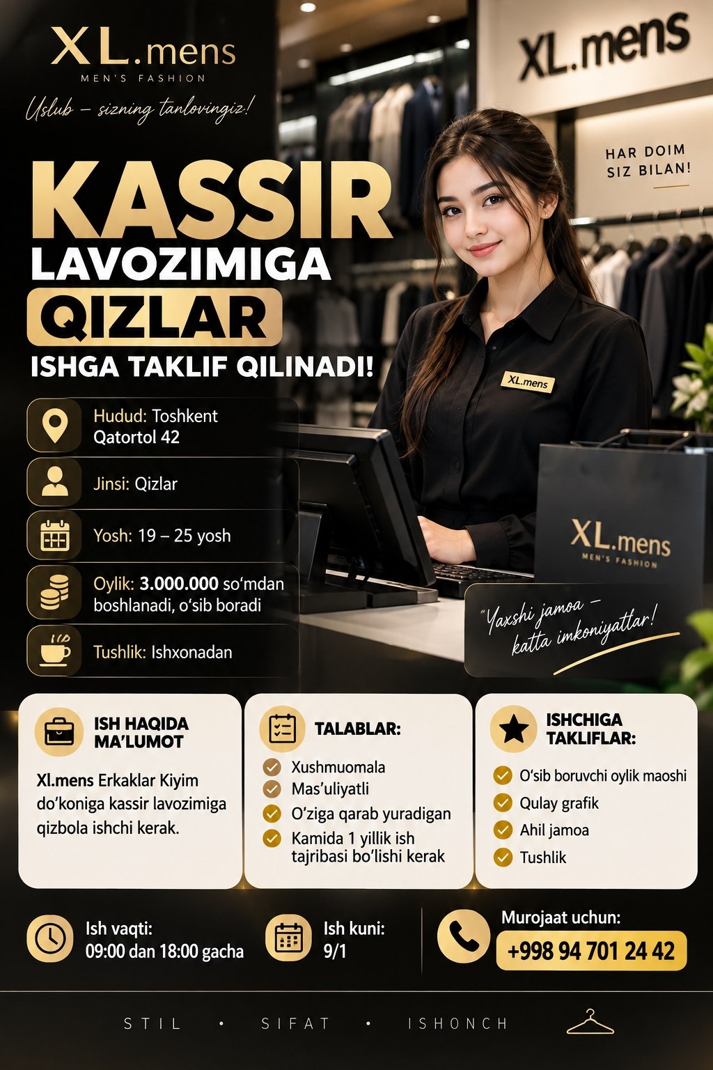 KASSIR LAVOZIMIGA QIZLAR ISHGA TAKLIF QILINADI