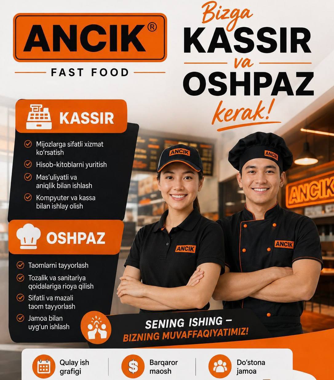 Tez tayyor ovqatlanish shoxobchasiga ishga taklif