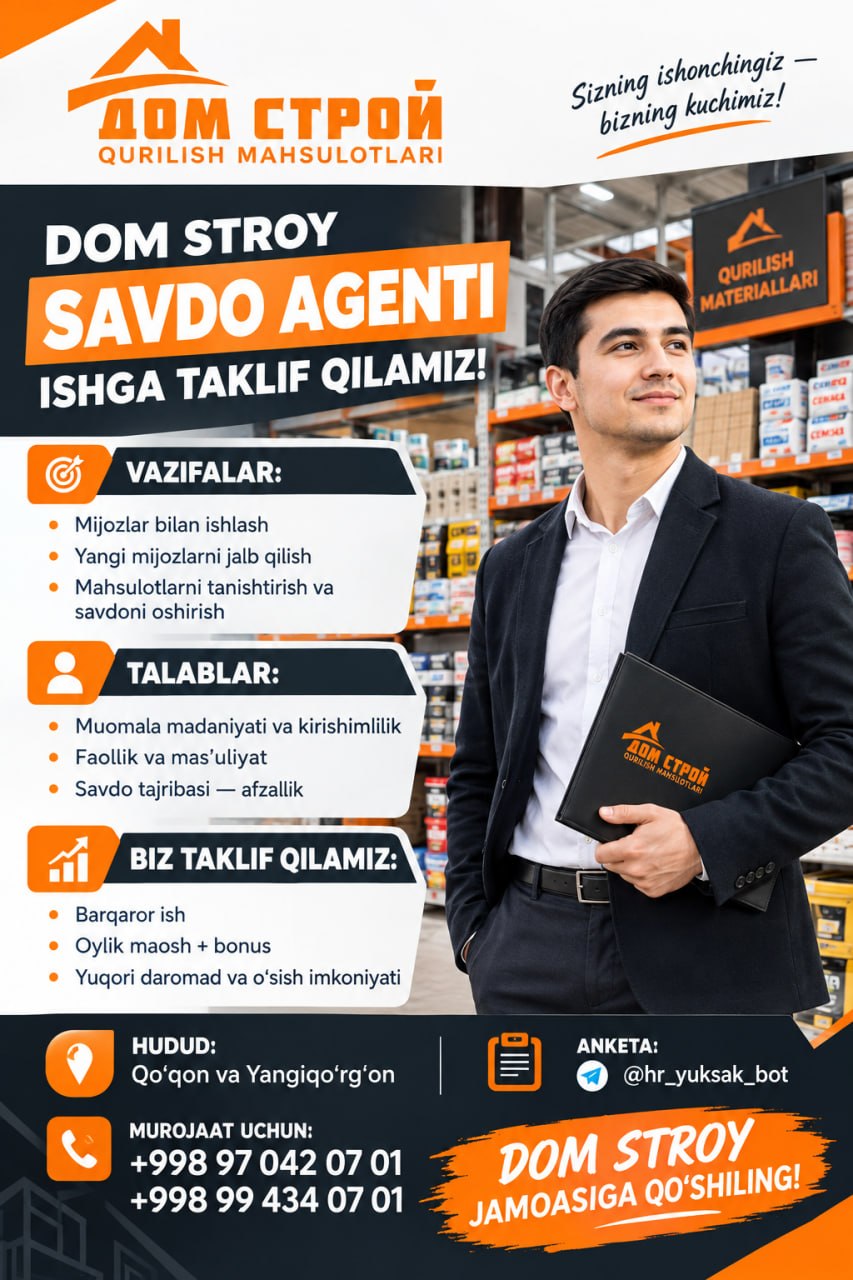 DOM STROY — SAVDO AGENTI ISHGA TAKLIF QILAMIZ