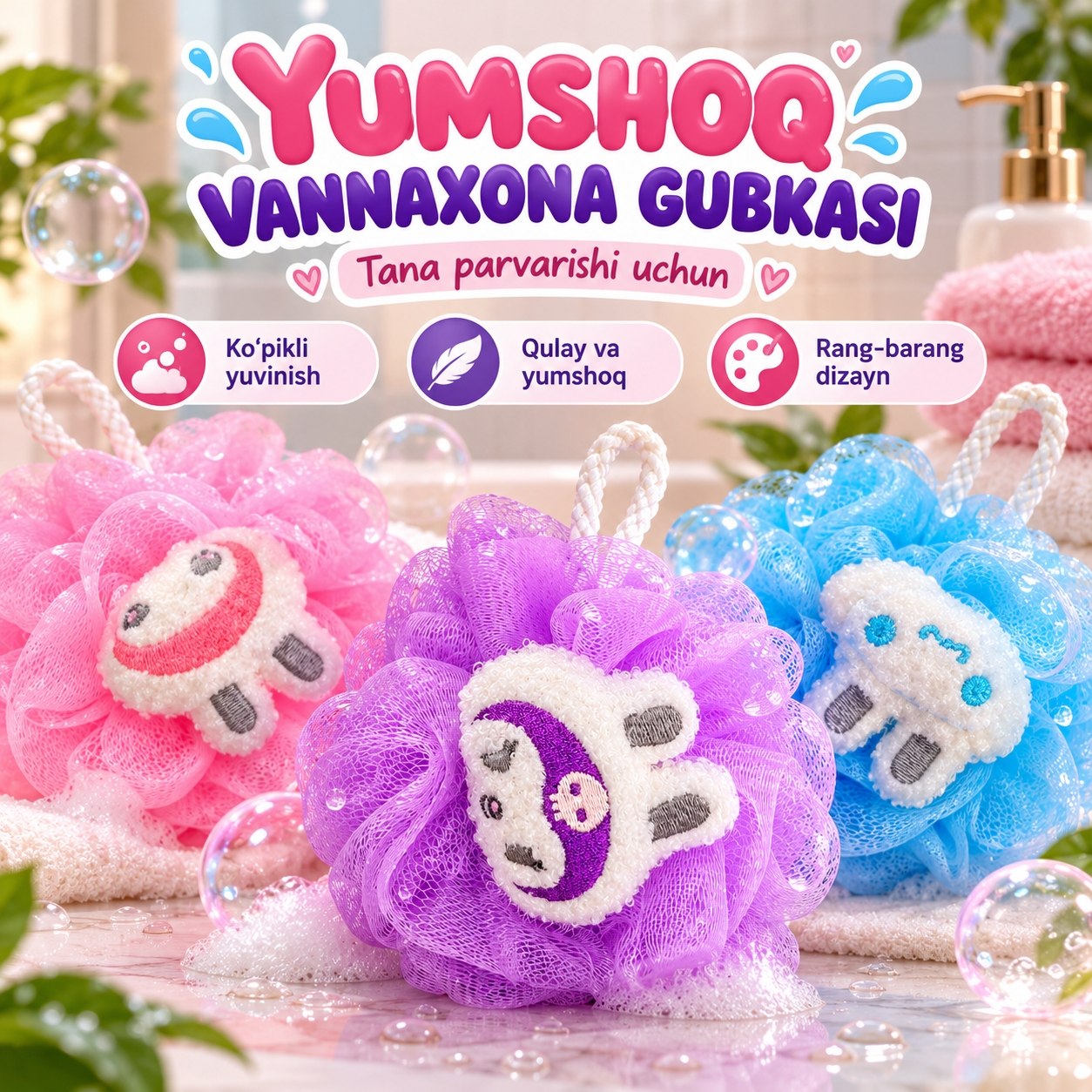 Yumshoq vannaxona gubkasi — chiroyli va yoqimli