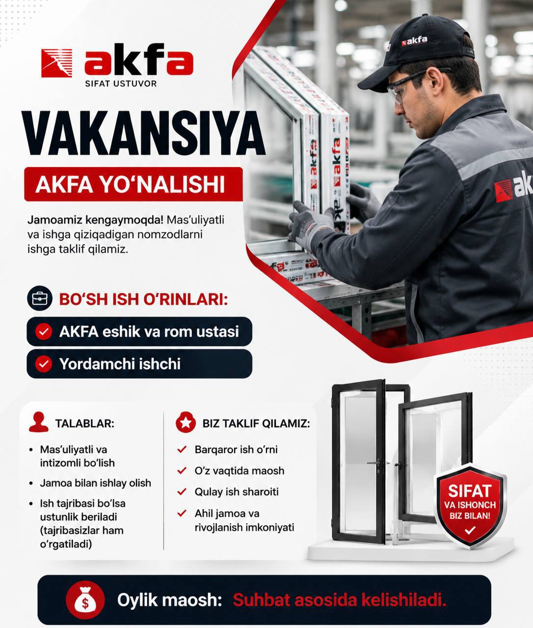 VAKANSIYA – AKFA ISHLAB CHIQARISH YO‘NALISHI