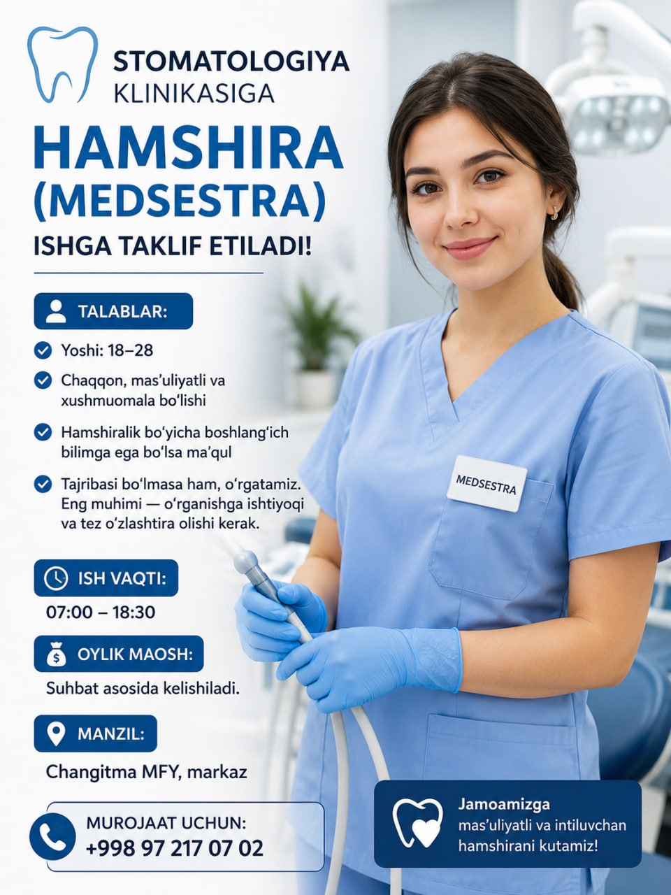 STOMATOLOGIYAGA HAMSHIRA (MEDSESTRA) ISHGA TAKLIF