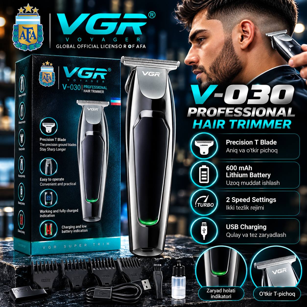 VGR V-030 Professional Trimmer — USB quvvatlanadi