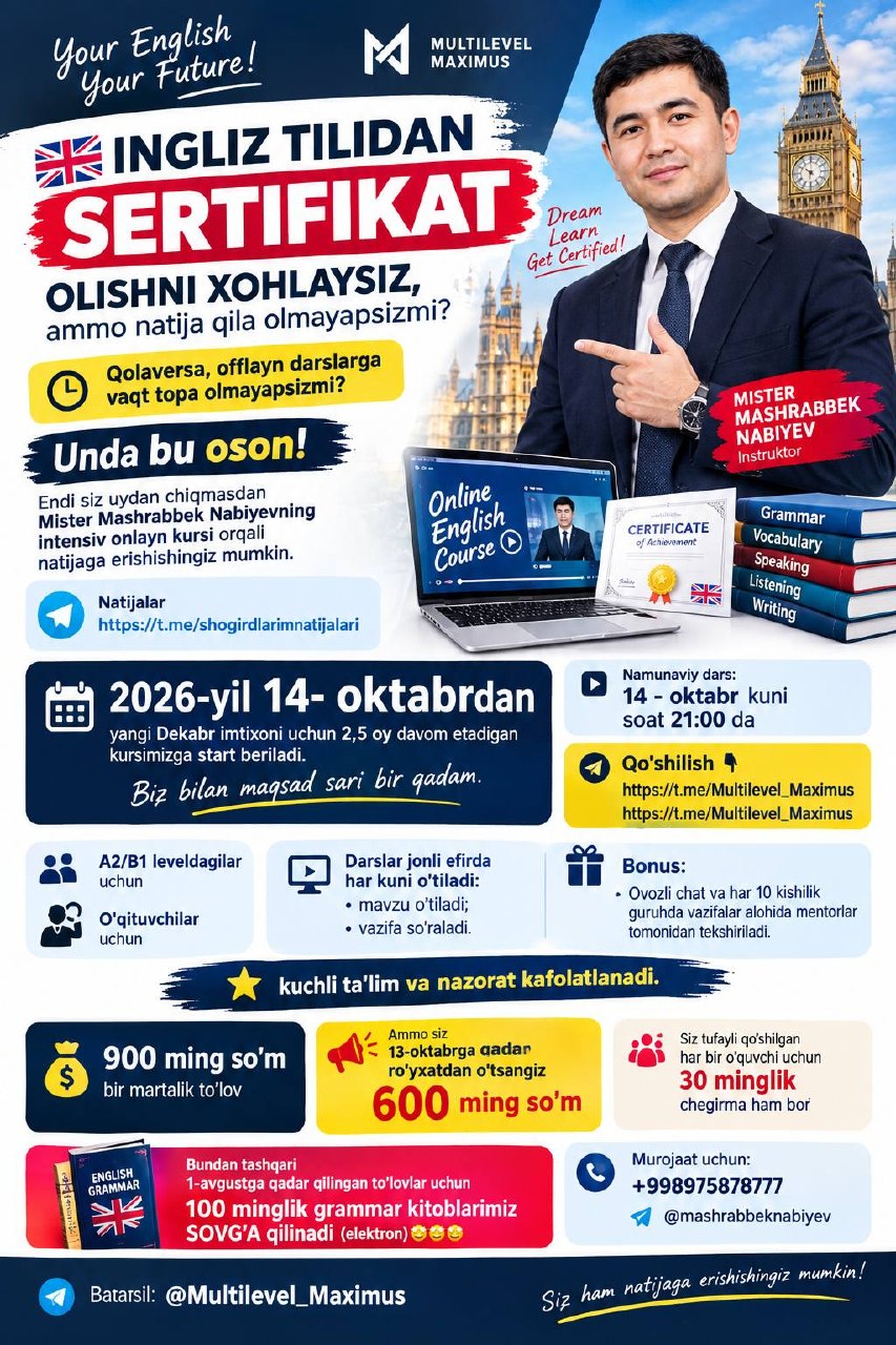 Ingliz tilidan sertifikat olishni xohlaysiz ammo