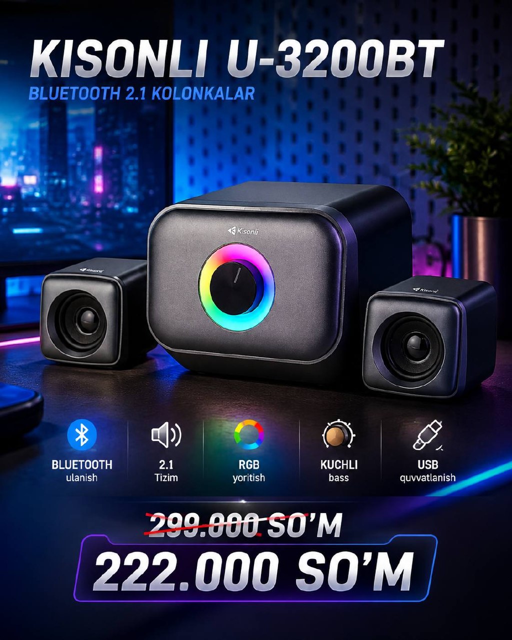 KISONLI U-3200BT — kuchli bassli stereo tizim