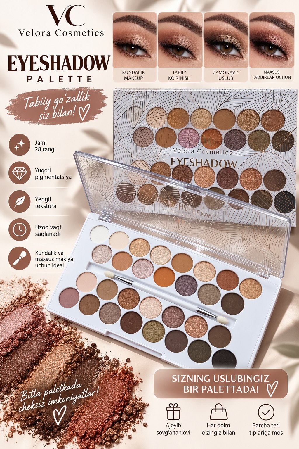 Velora Cosmetics Eyeshadow Palette — 28 xil rang