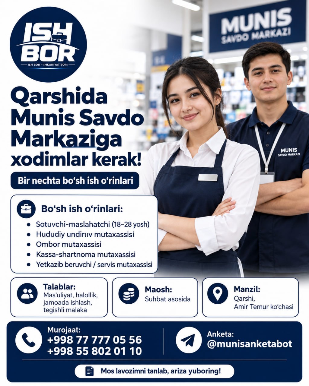 Qarshida bir nechta bo‘sh ish o‘rinlari bor Munis