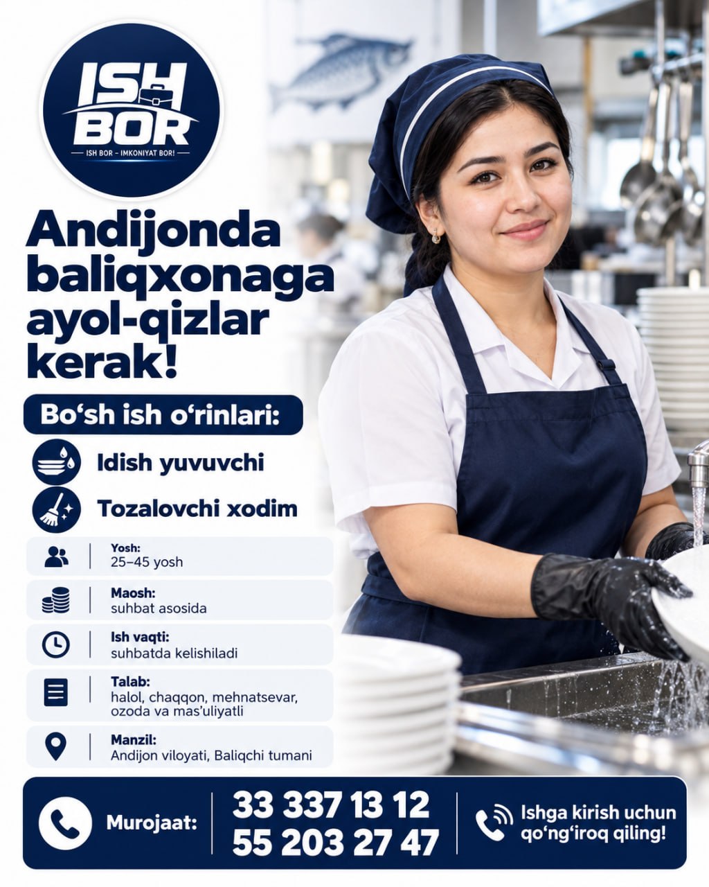 Andijonda ayol-qizlar uchun ish bor Baliqxonaga