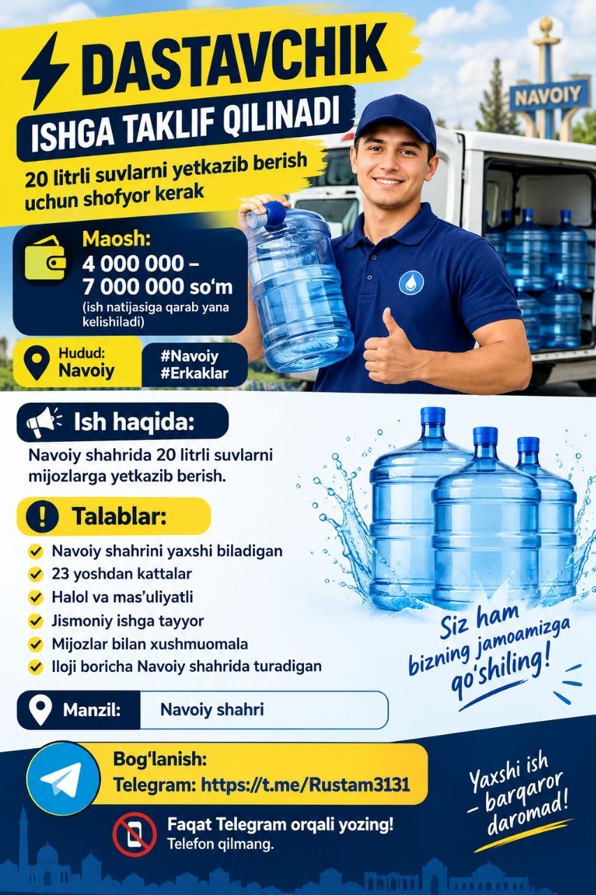 DASTAVCHIK ISHGA TAKLIF QILINADI 20 litrli suvlarni
