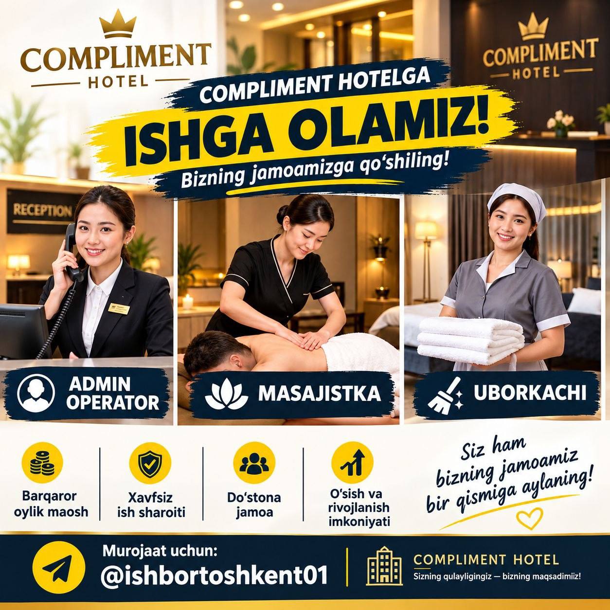 AFITSANTKA OPERATR va MASAJ ishi uchun ayollar ishga
