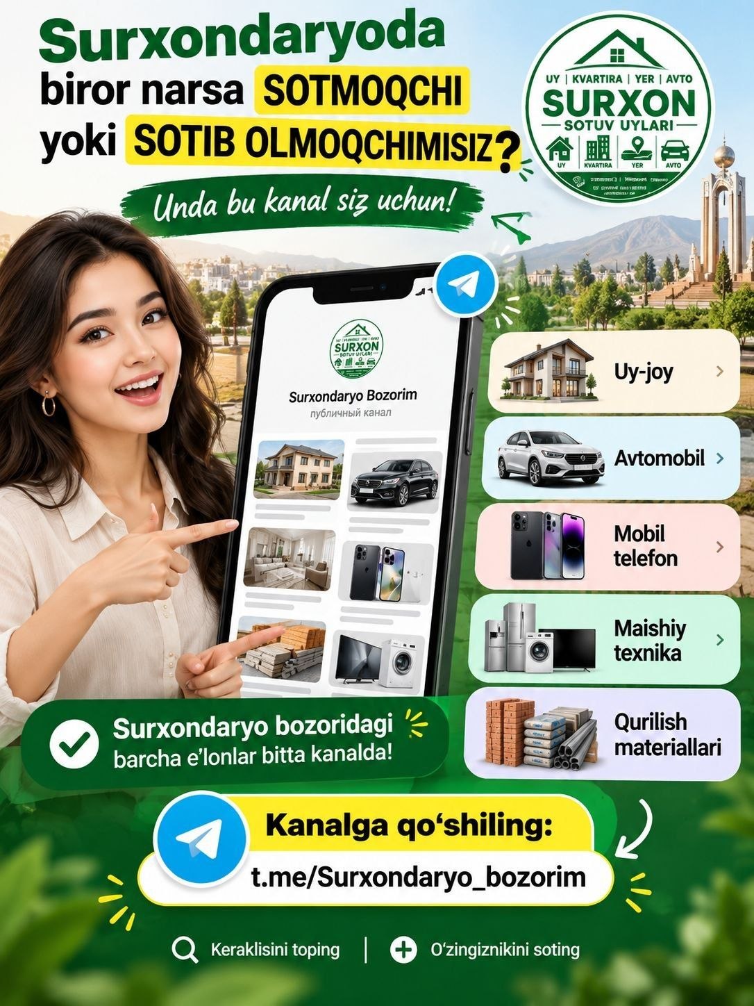 Surxondaryo bozoridagi uy-joy avtomobil telefon va