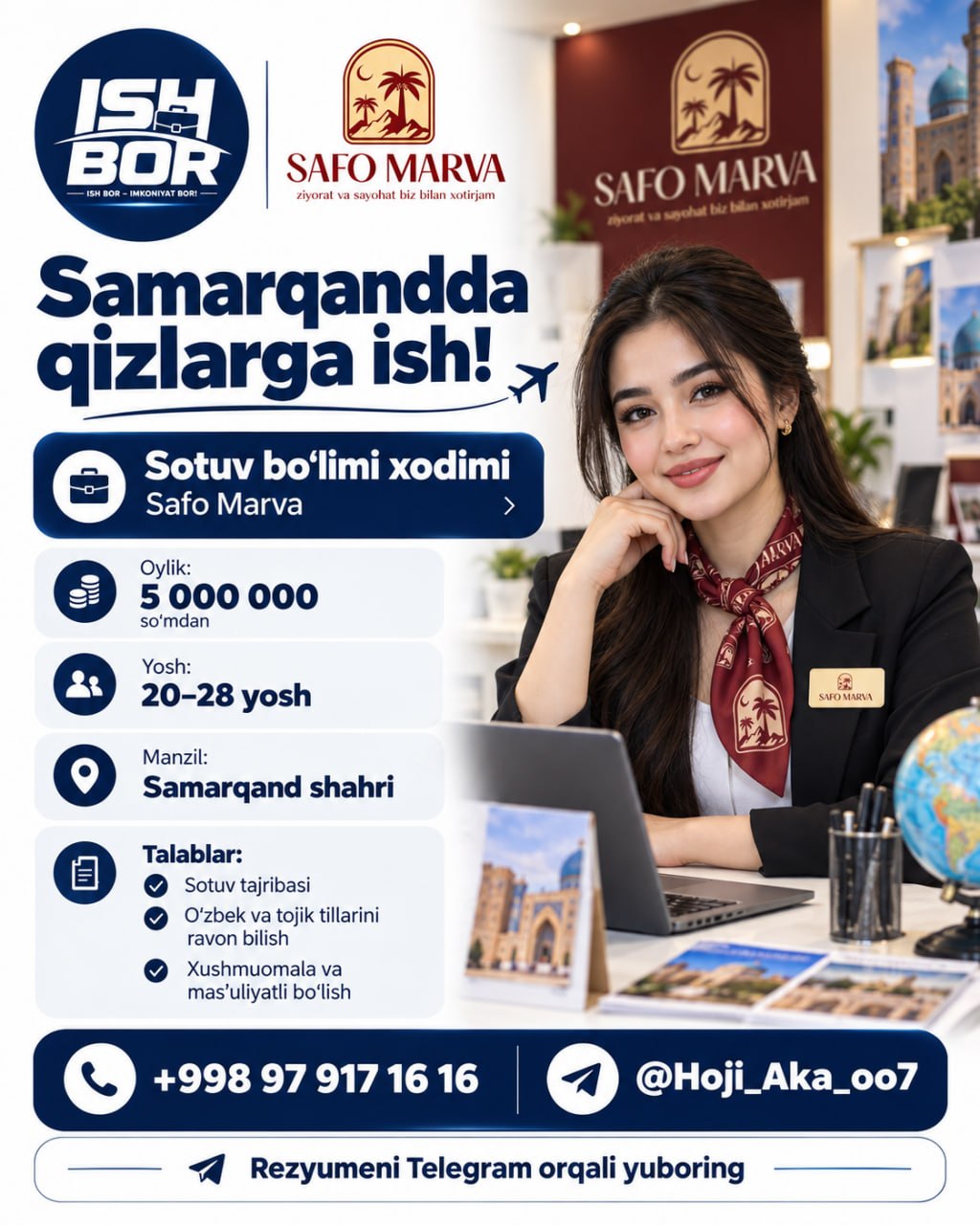 Samarqandda qizlar uchun ish bor Oylik so‘mdan