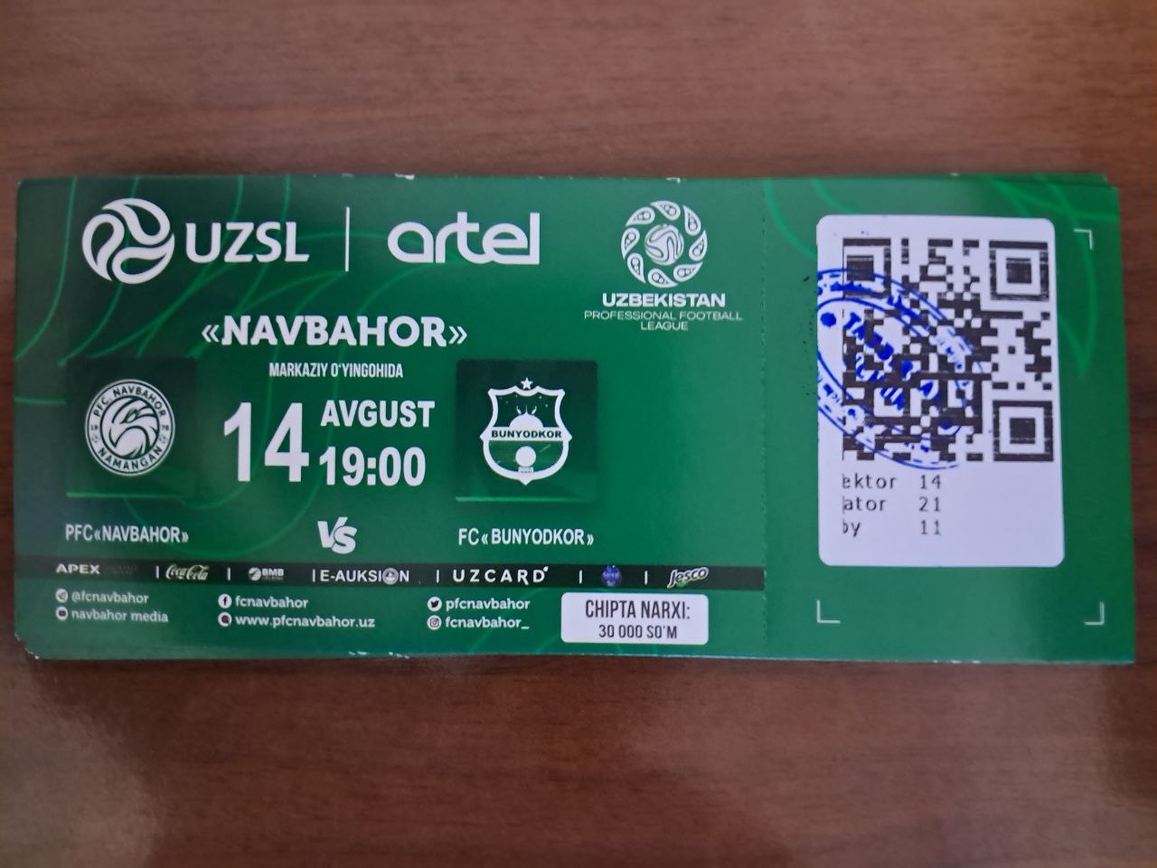 Navbahor va Bunyodkor o'yiniga bilet — 30,000 so'm