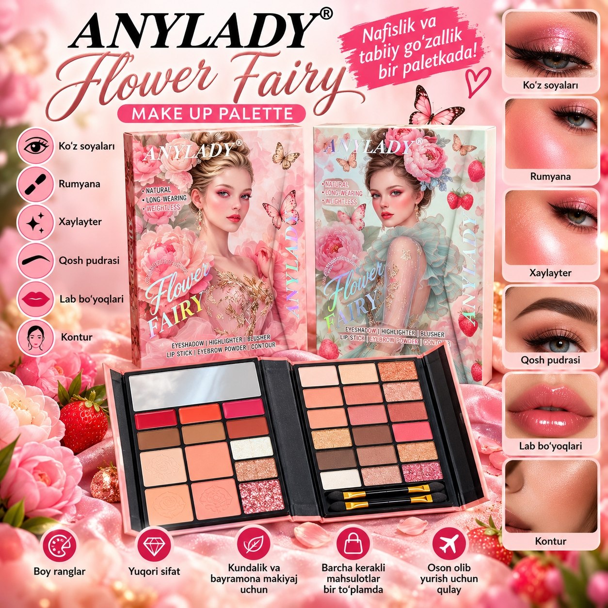 AnyLady Flower Fairy makiyaj paletkasi — go'zallik va nafislik