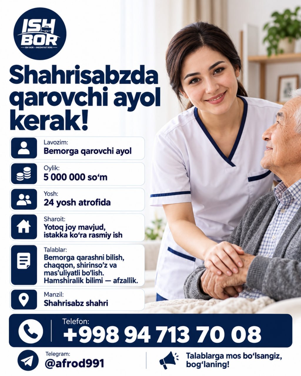 Shahrisabzda bemorga qarovchi ayol kerak Oylik so‘m