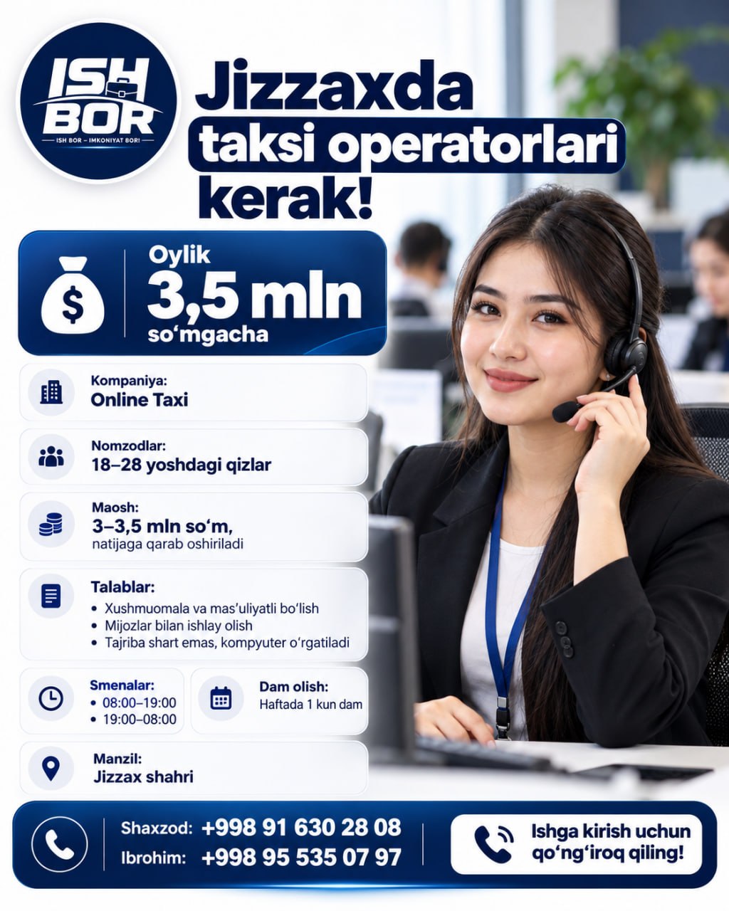 Jizzaxda qizlar uchun ish Online Taxi’ga operatorlar