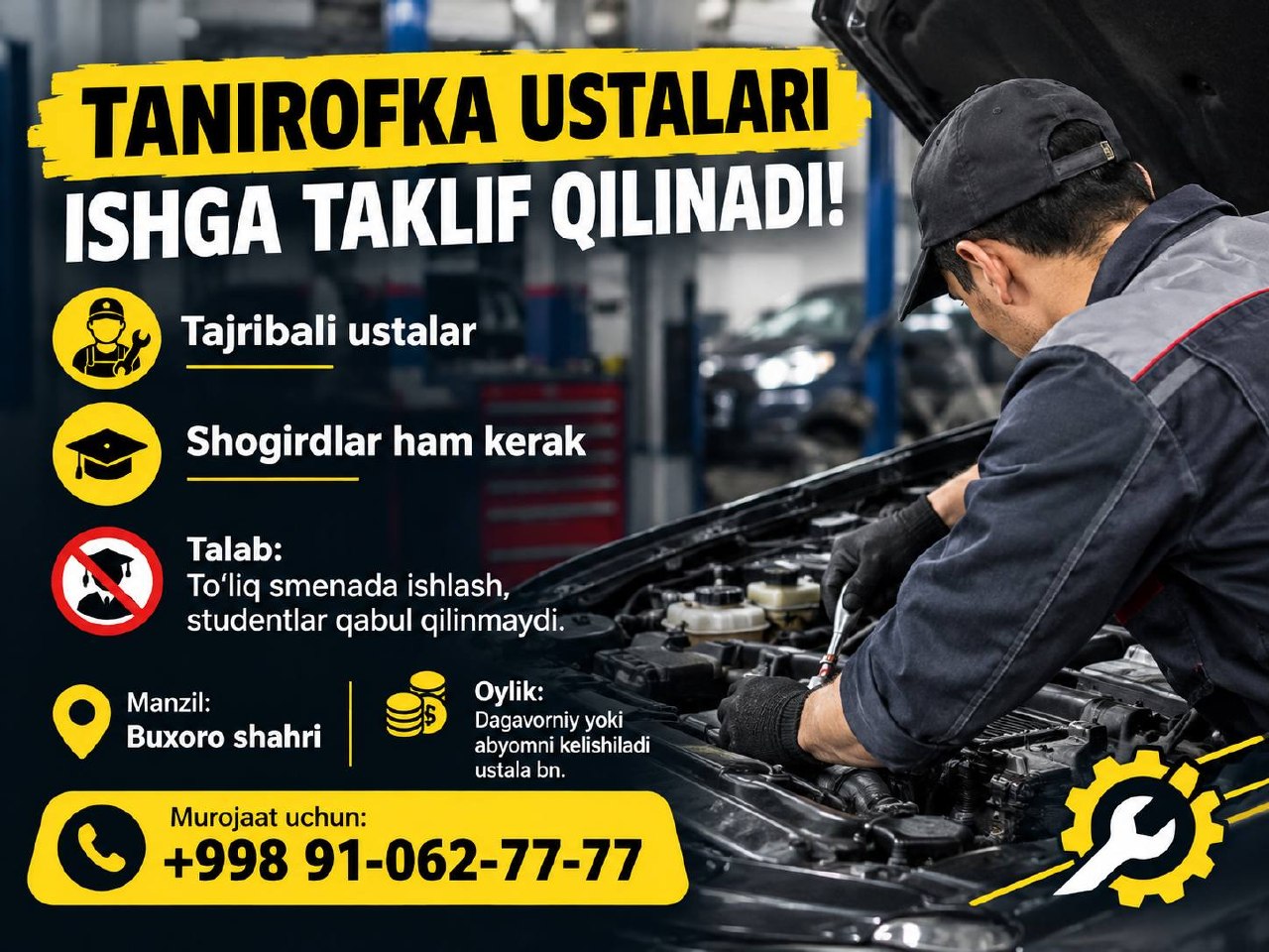 TANIRОFKA USTALARI ISHGA TAKLIF QILINADI